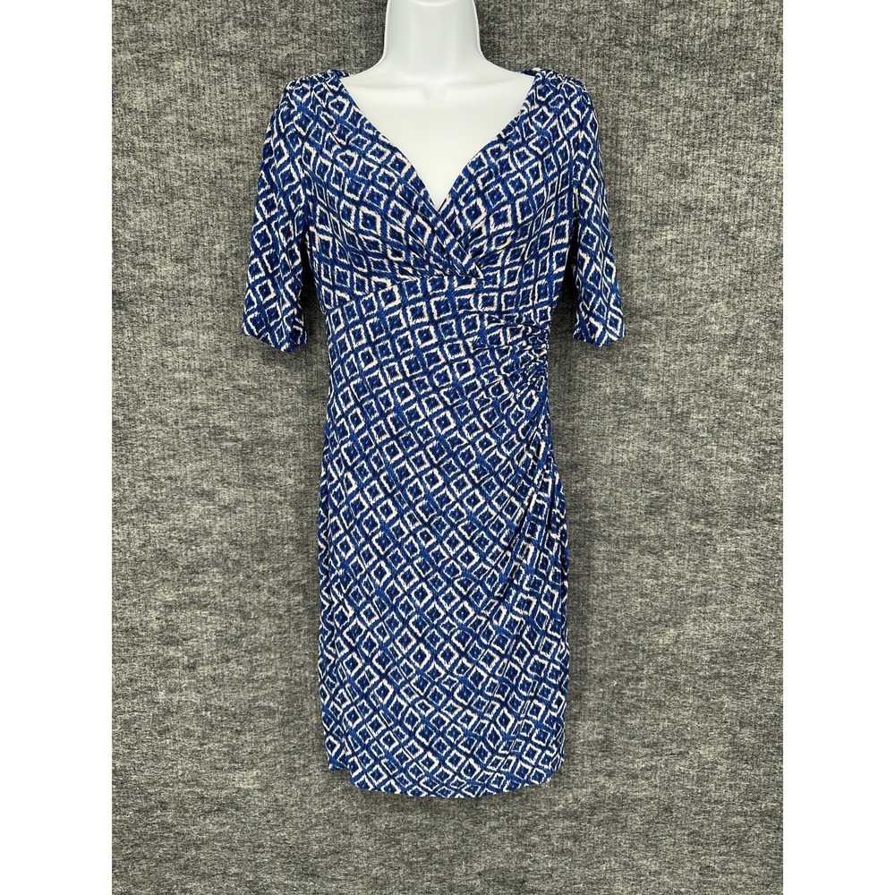 Lauren Ralph Lauren Dress Womens‎ 4 Blue Geometric V Neck Ruched Sheath Jersey